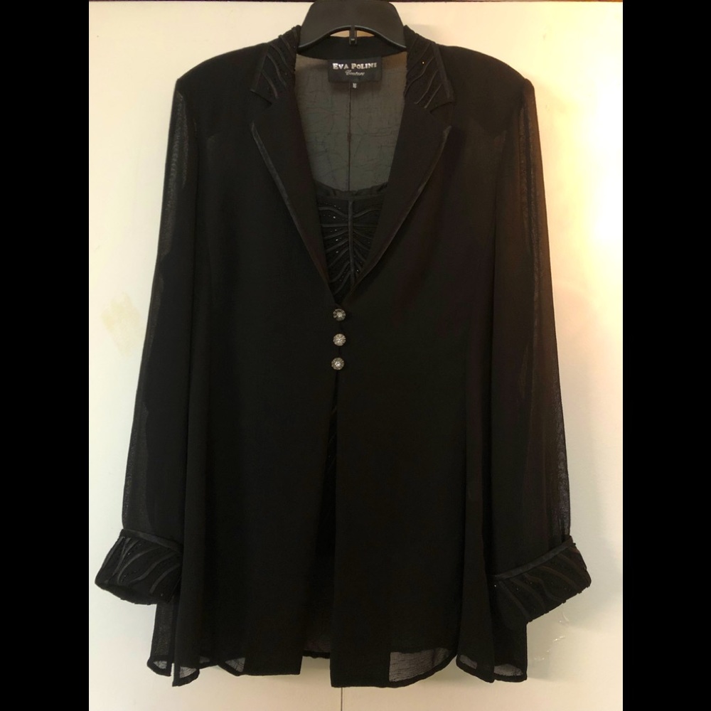 Eva Polini Couture Black Embroidered Jeweled Blazer & Top Sz 16  Lot of 2 items